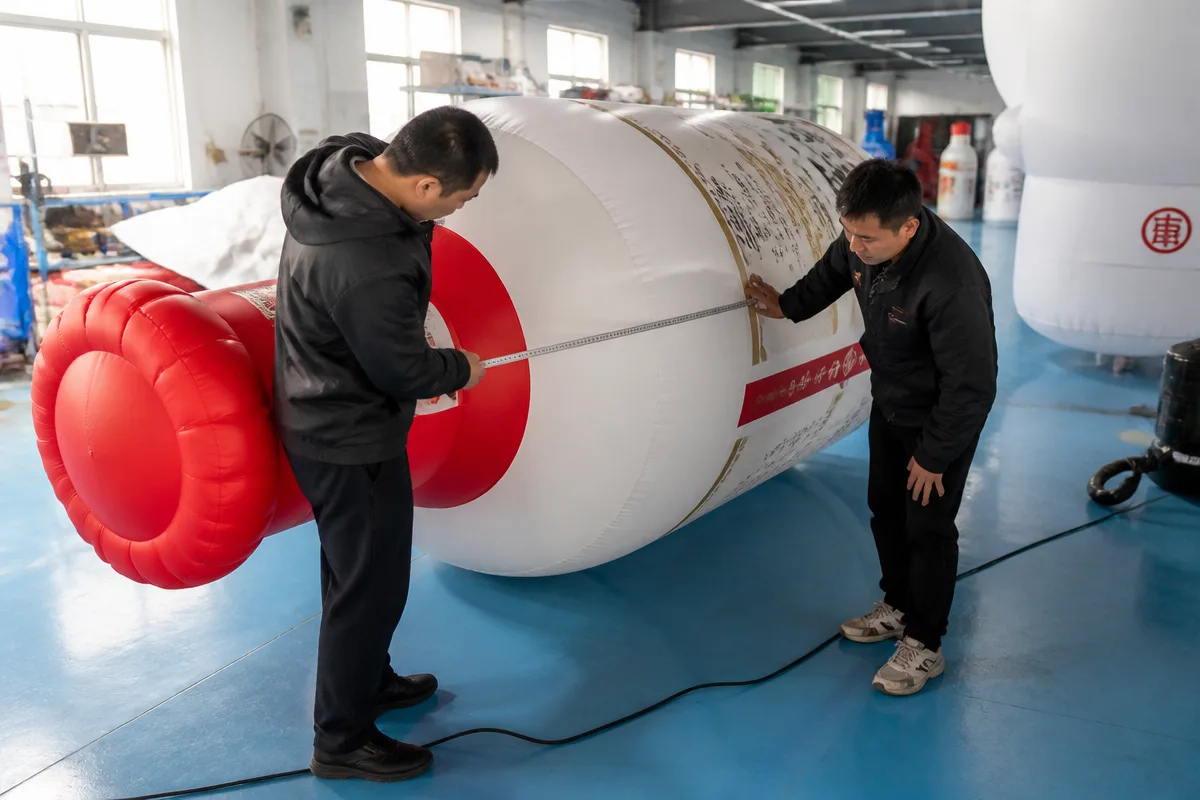 Workers inspecting dimensions and seams on an inflatable bottle-shaped display