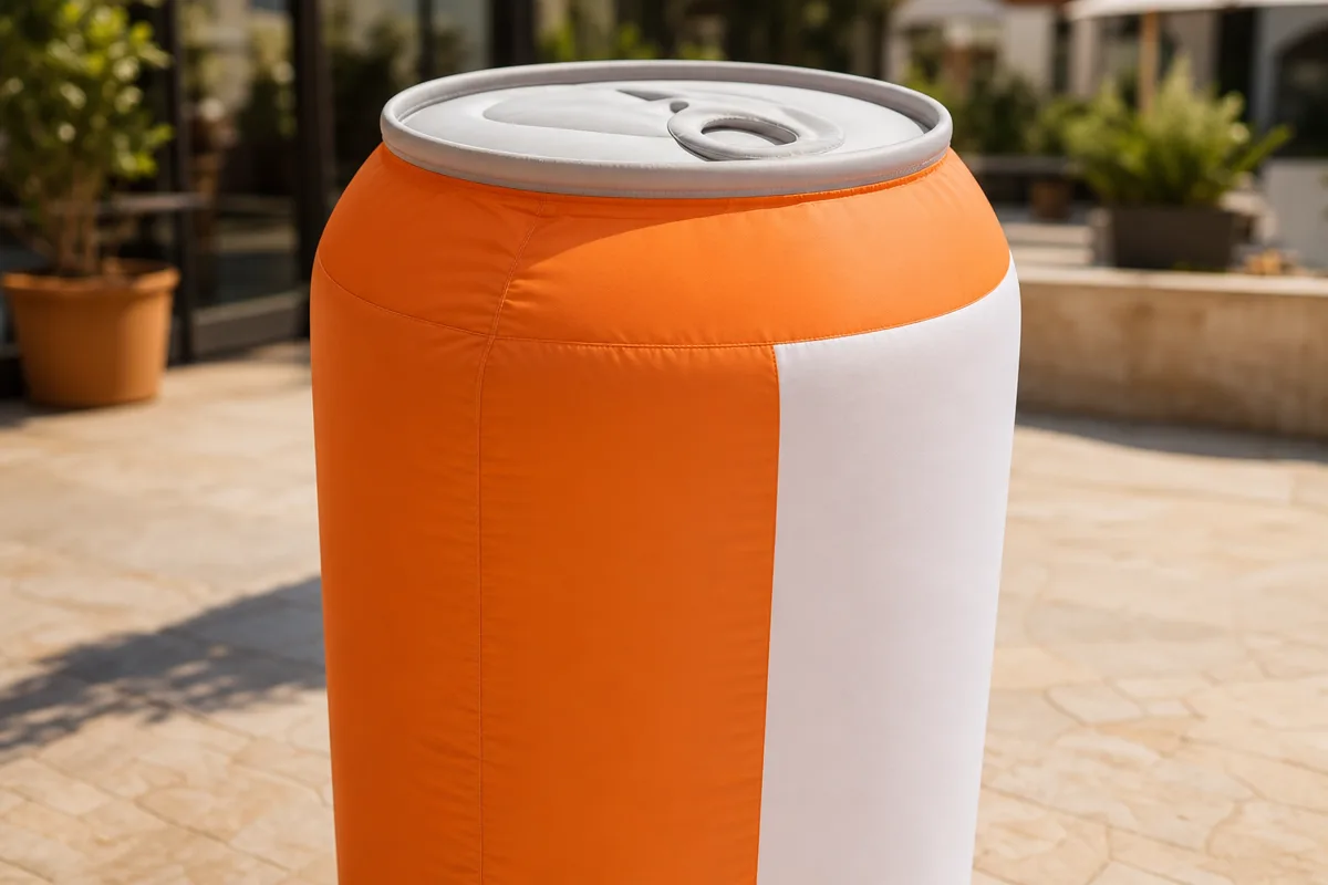 Close view of an inflatable can replica showing its top profile, fabric seams and printed color panels