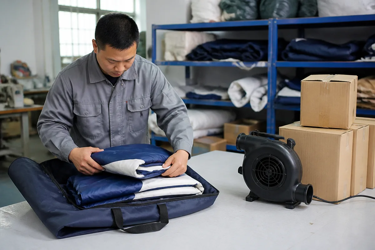 Worker preparing a reusable inflatable display and blower for organized packing