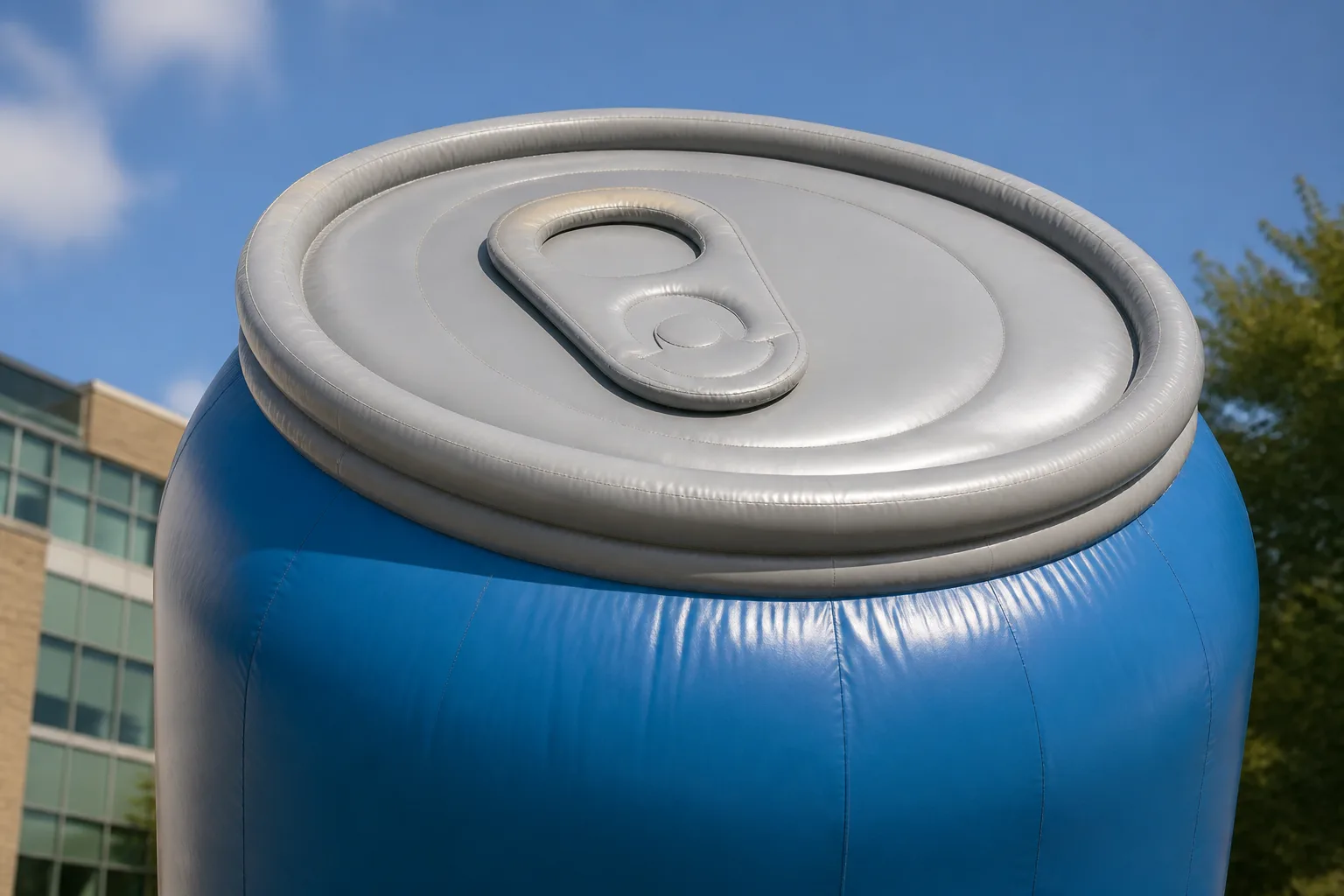 Illustrative close view of a beverage-can inflatable rim and pull-tab construction.