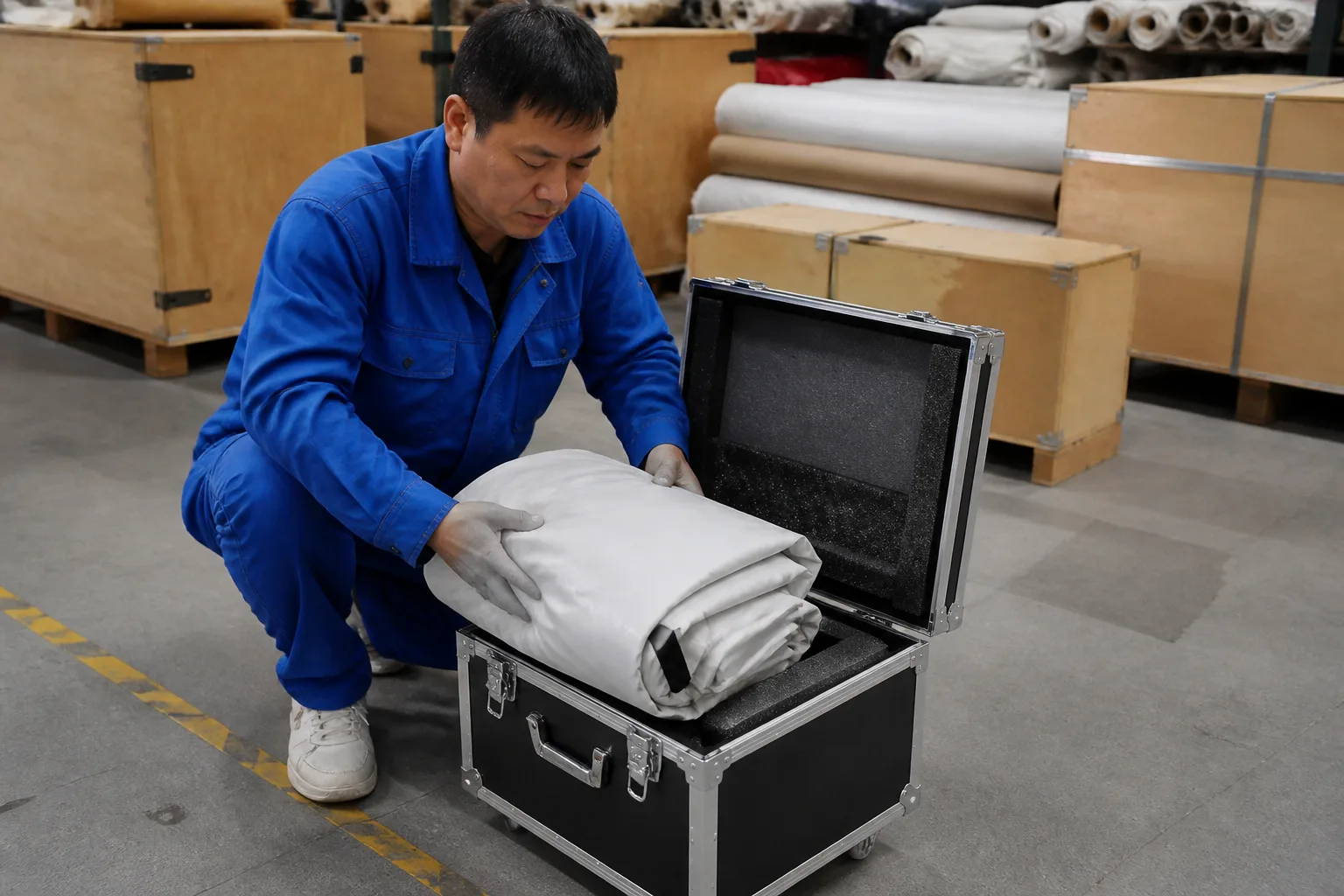 Illustrative production packing preparation of an inflatable product in a protective case.