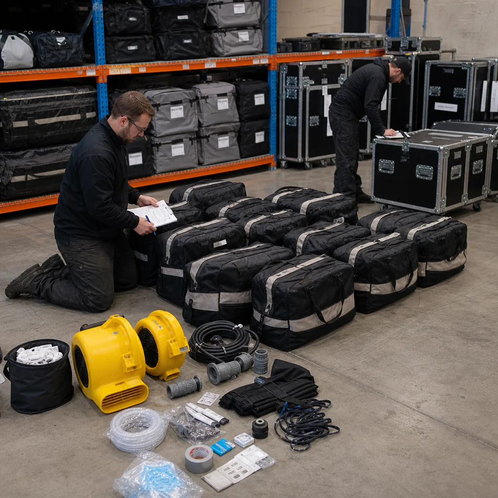 Illustrative packing and repair kit for a reusable inflatable mascot