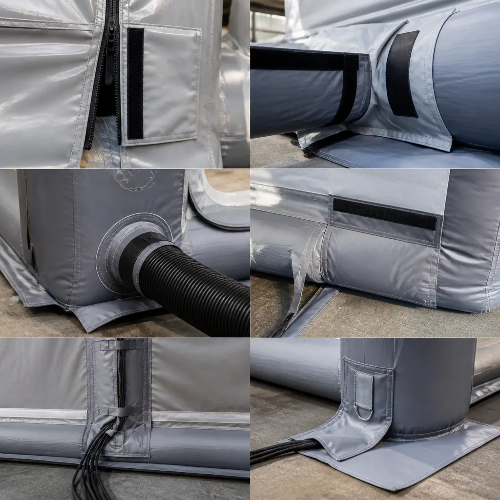 Illustrative connection and blower detail for a modular inflatable event structure