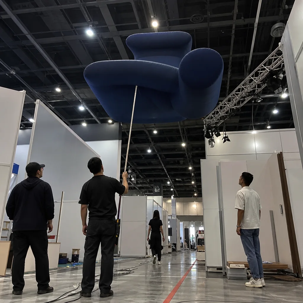 Illustrative German trade show booth clearance review for an inflatable logo sign