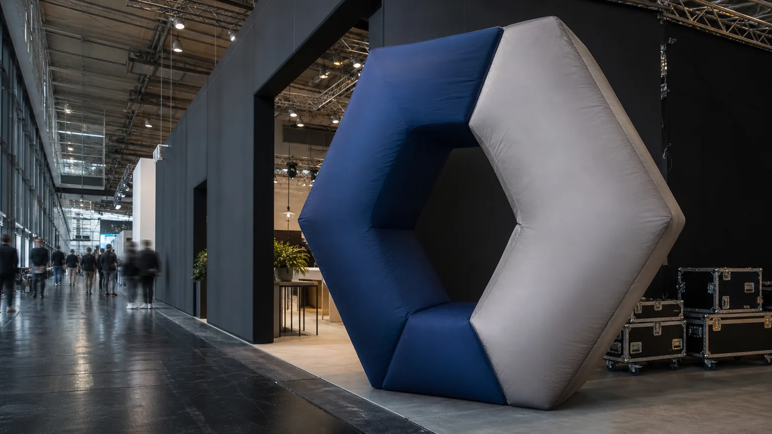 Illustrative planning view of a custom inflatable logo sign at a German trade show booth