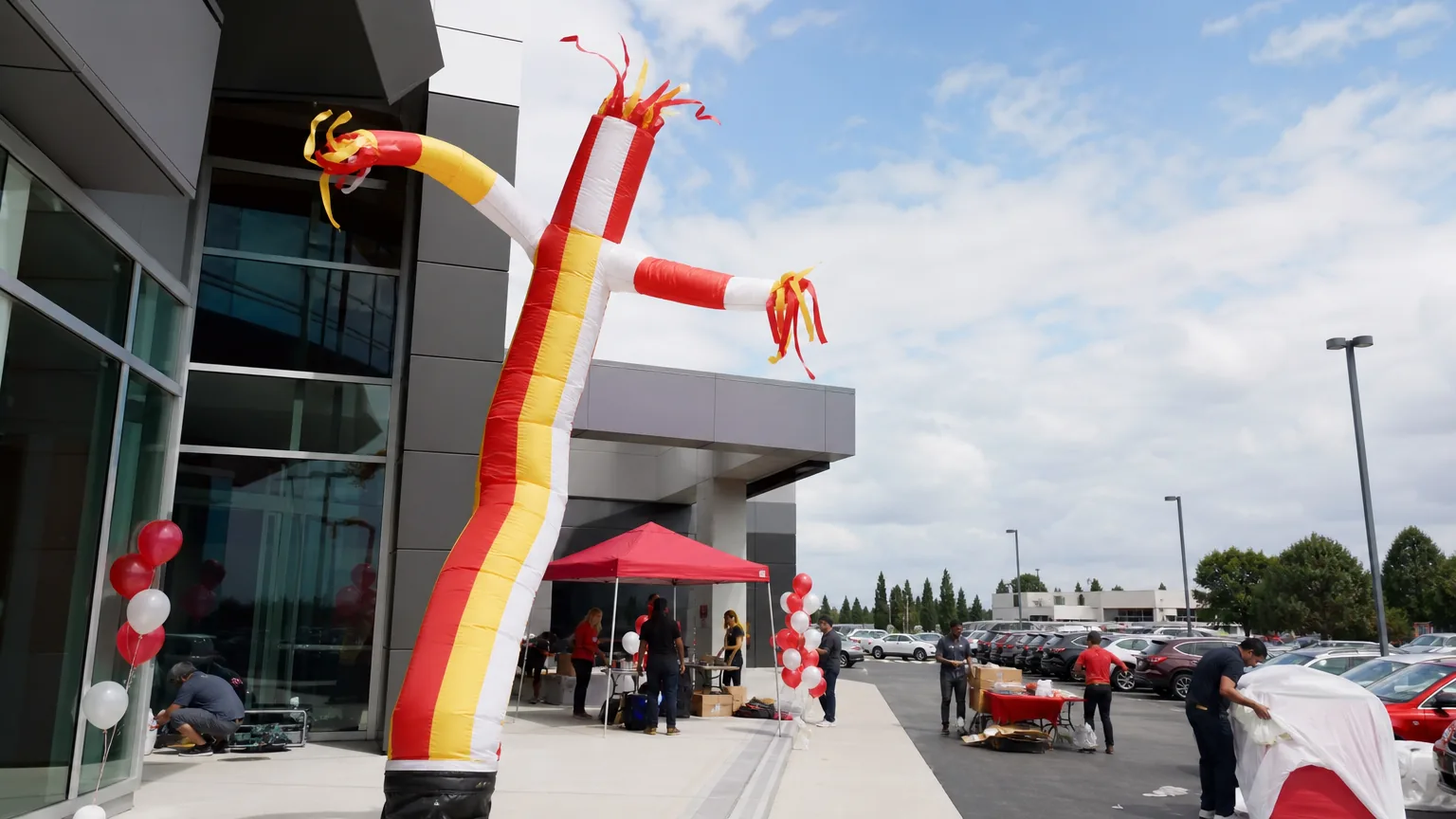 Illustrative planning view of a custom Air Dancer at a USA retail grand opening
