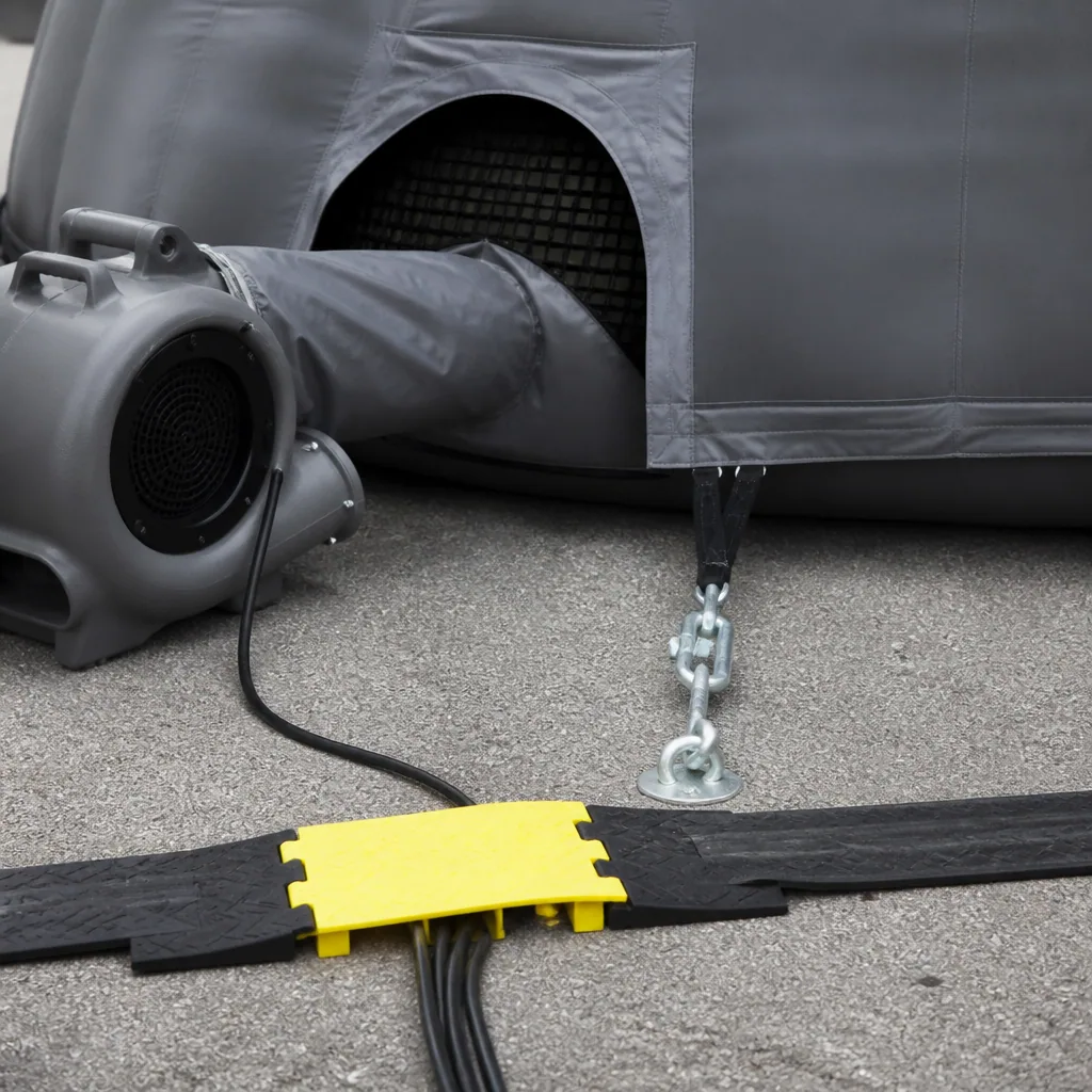 Illustrative blower, base and cable planning detail for a giant inflatable product replica