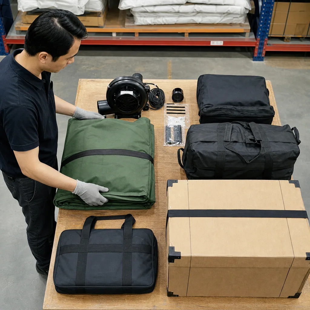 Illustrative packing and destination check for a reusable giant inflatable bottle or can replica