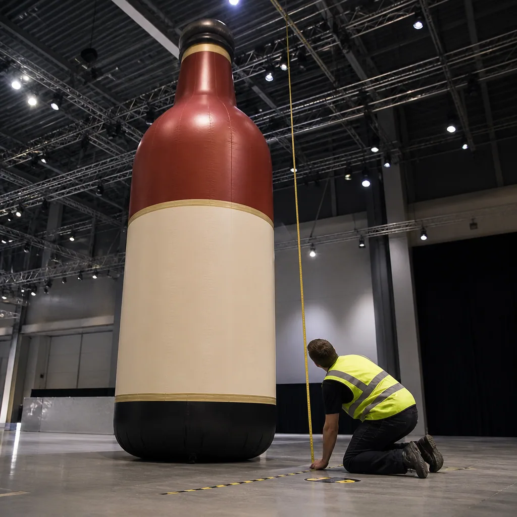 Illustrative viewing distance and ceiling clearance review for a giant inflatable bottle or can replica