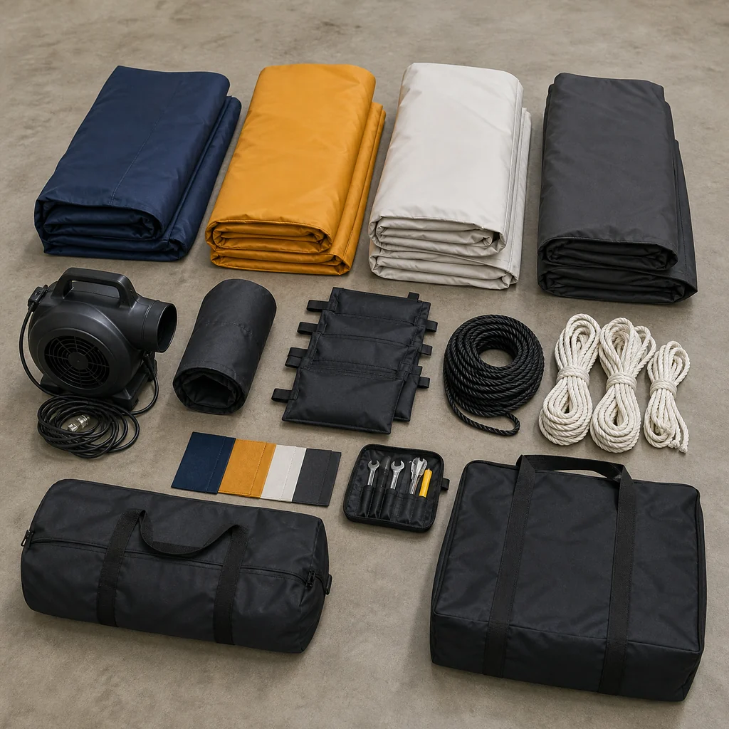 Illustrative layout of folded inflatable components, blower, ropes, ballast bags and packing materials