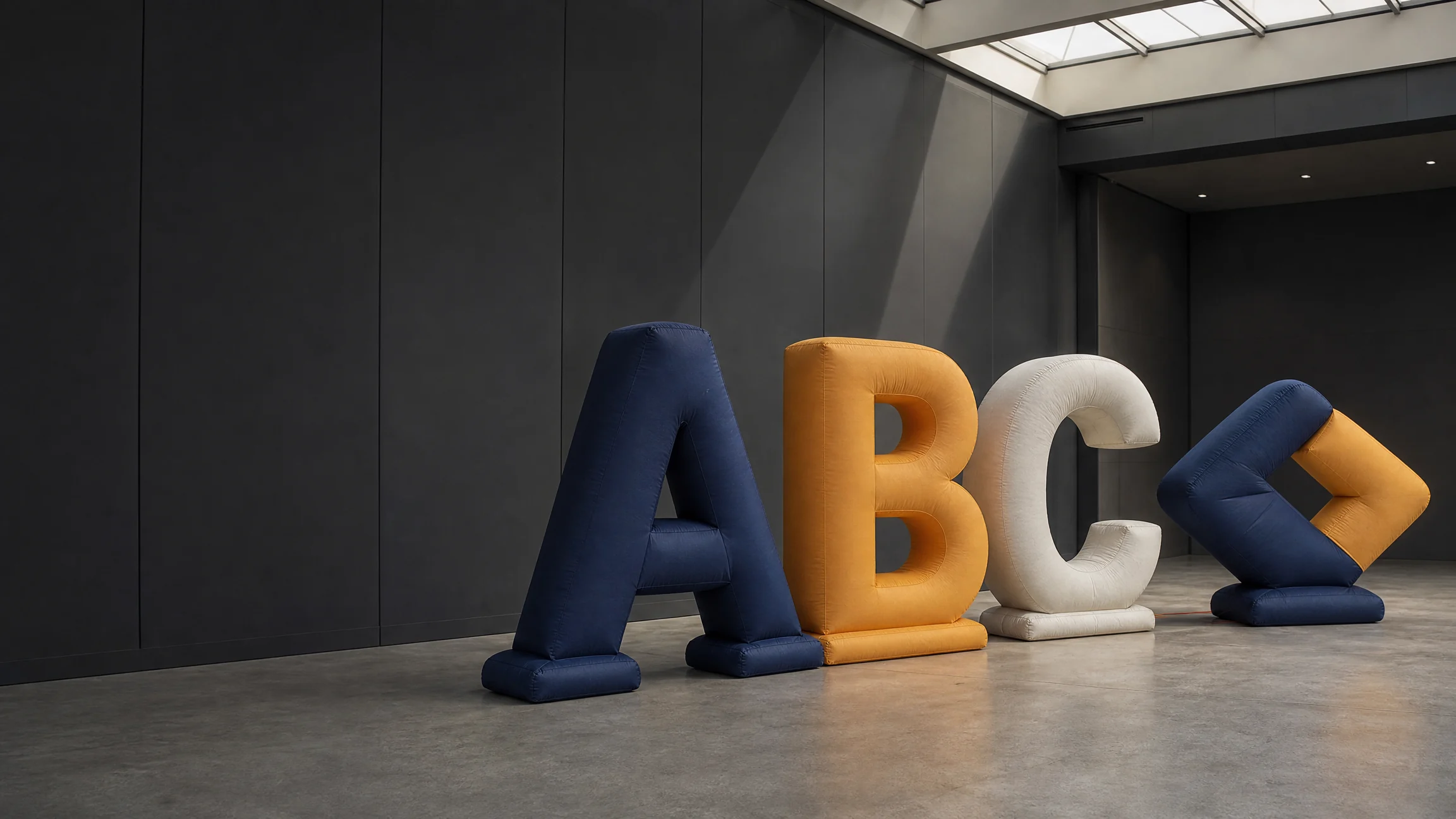 Illustrative custom inflatable letters and abstract logo sign arranged for an event display