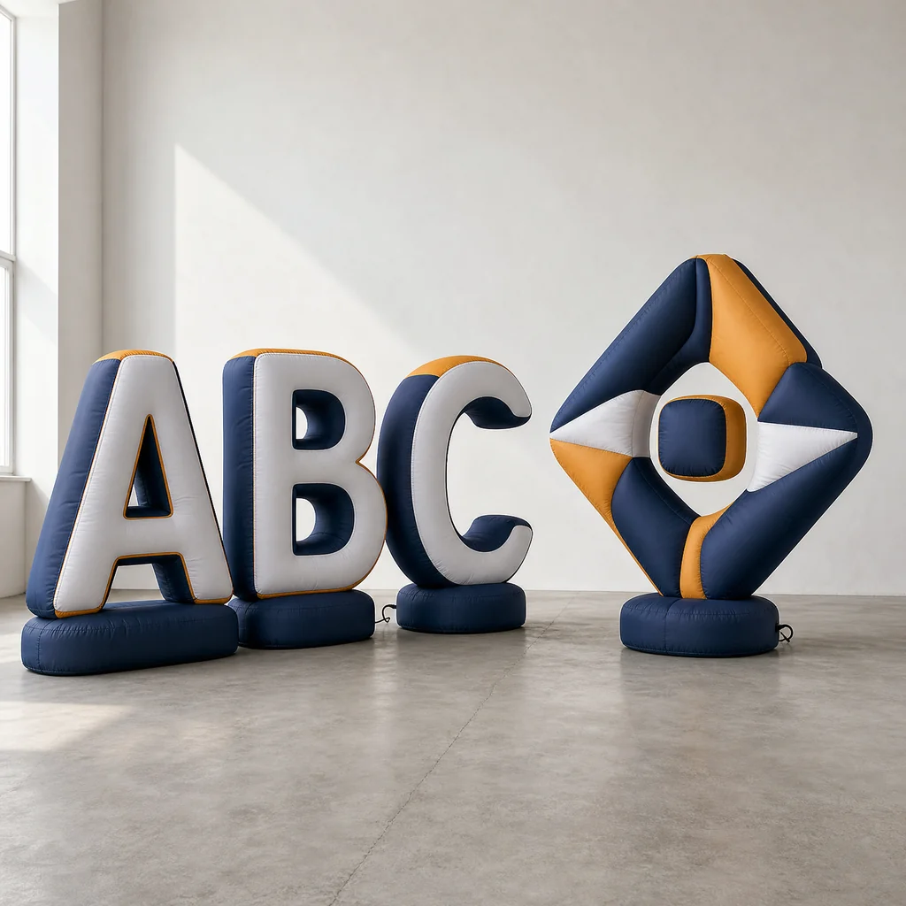 Side-by-side planning view of inflatable letters and an abstract inflatable logo sign