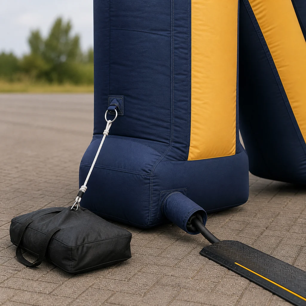 Inflatable letter base with D-ring, rope and ballast bag shown as an anchoring detail
