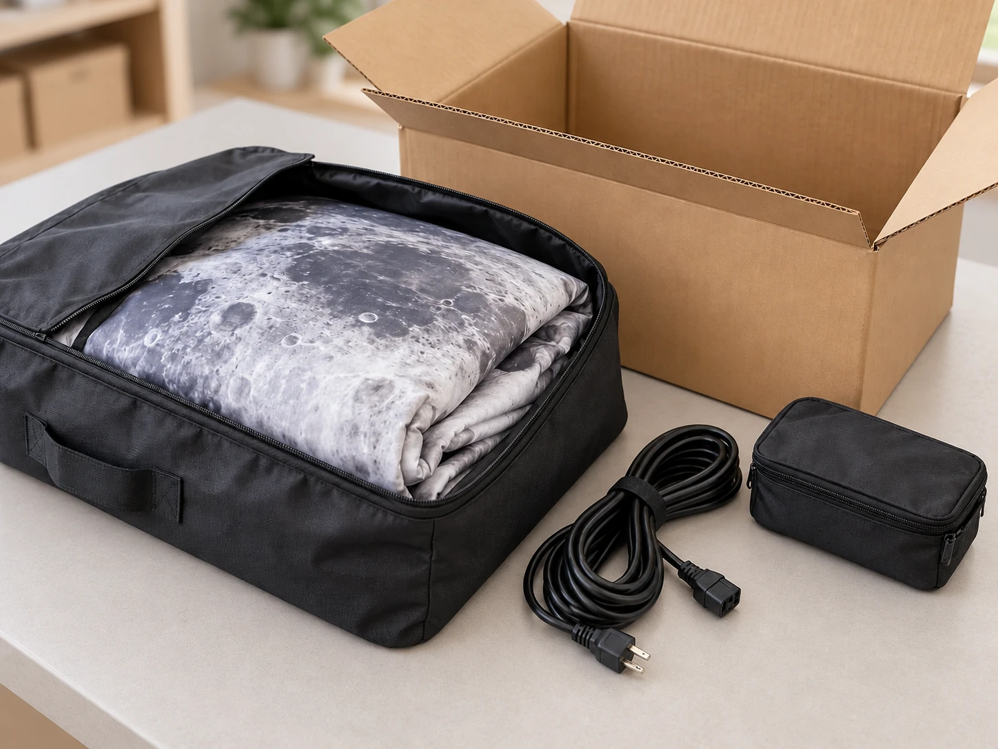 Packing concept with folded lunar-printed inflatable fabric in a storage bag beside a shipping carton
