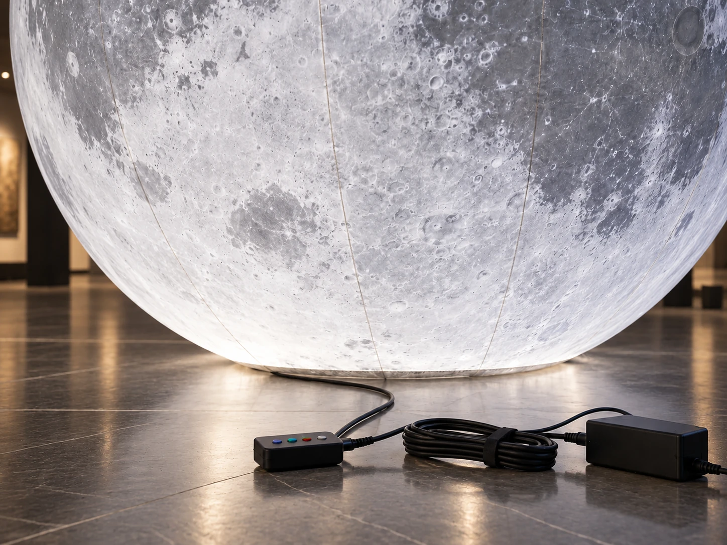 LED-lit inflatable moon fabric with an illustrative controller, adapter and cable arrangement