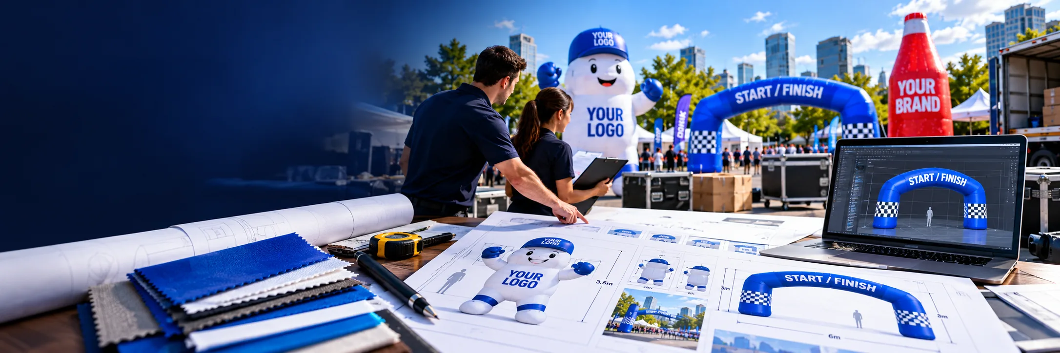 Concept illustration of custom inflatable project planning with artwork, fabric swatches, dimensions, event setup and an arch design on a laptop