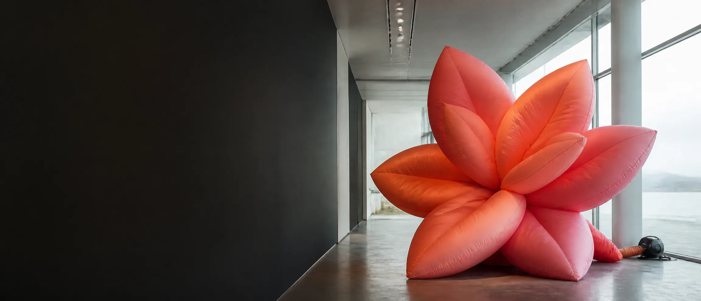 Large custom abstract flower inflatable art installation in a Nordic event hall with natural light