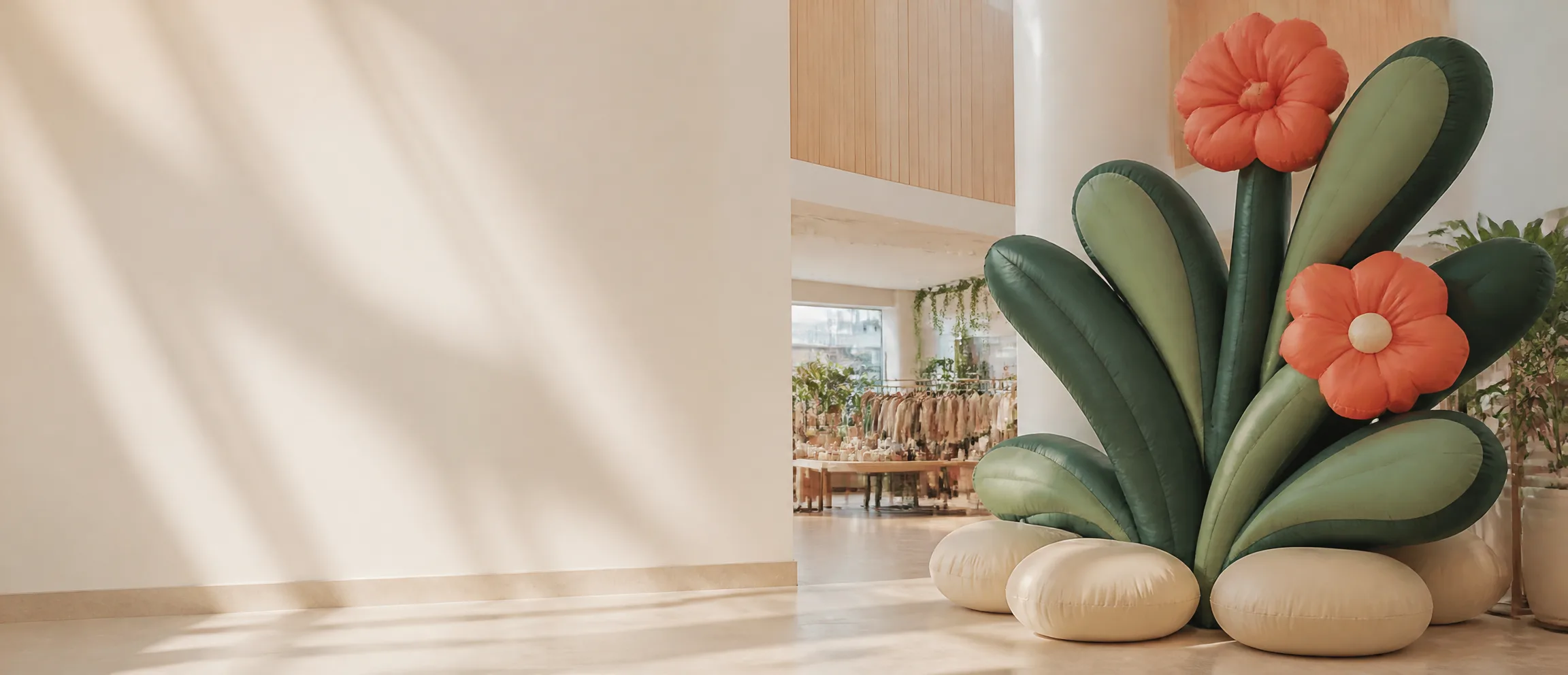 Large plant-shaped inflatable installation in a modern retail event space