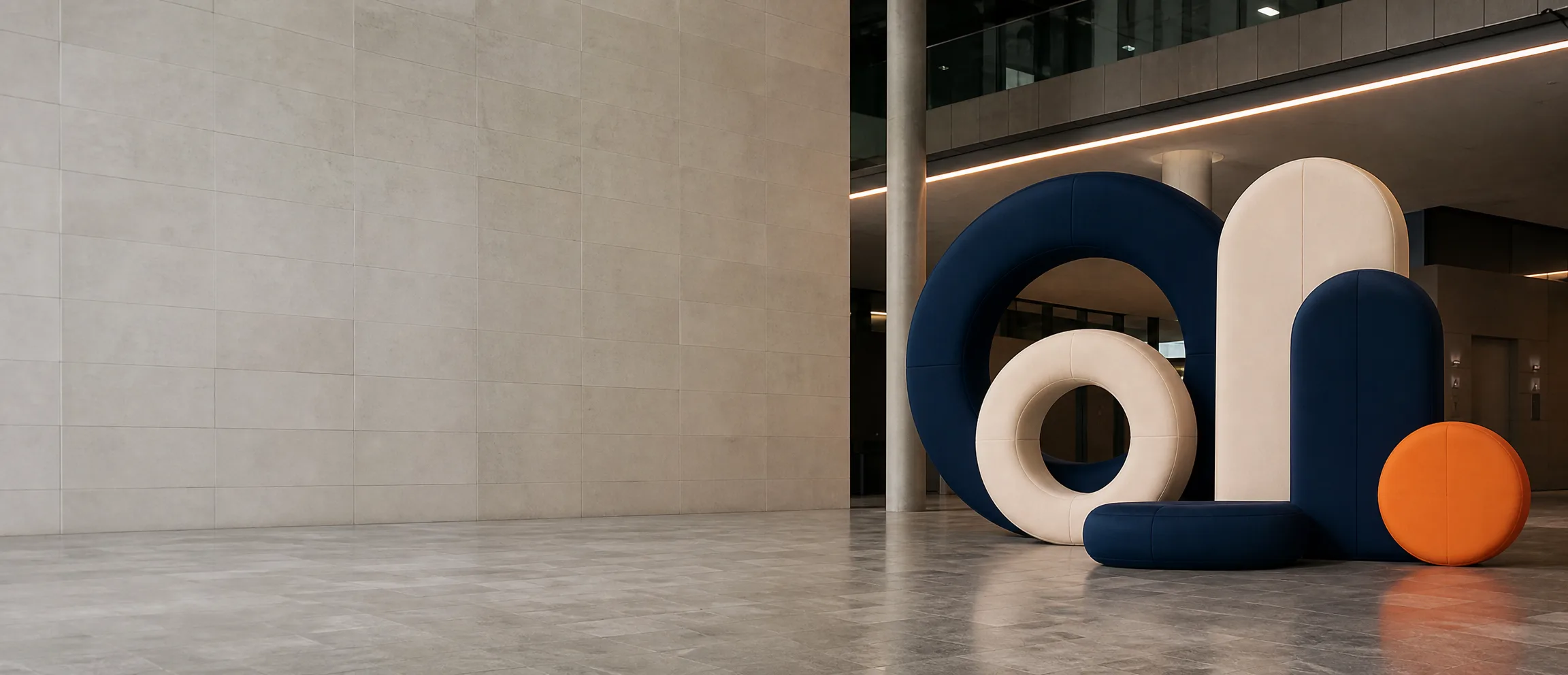 Geometric inflatable brand installations in a modern European exhibition hall