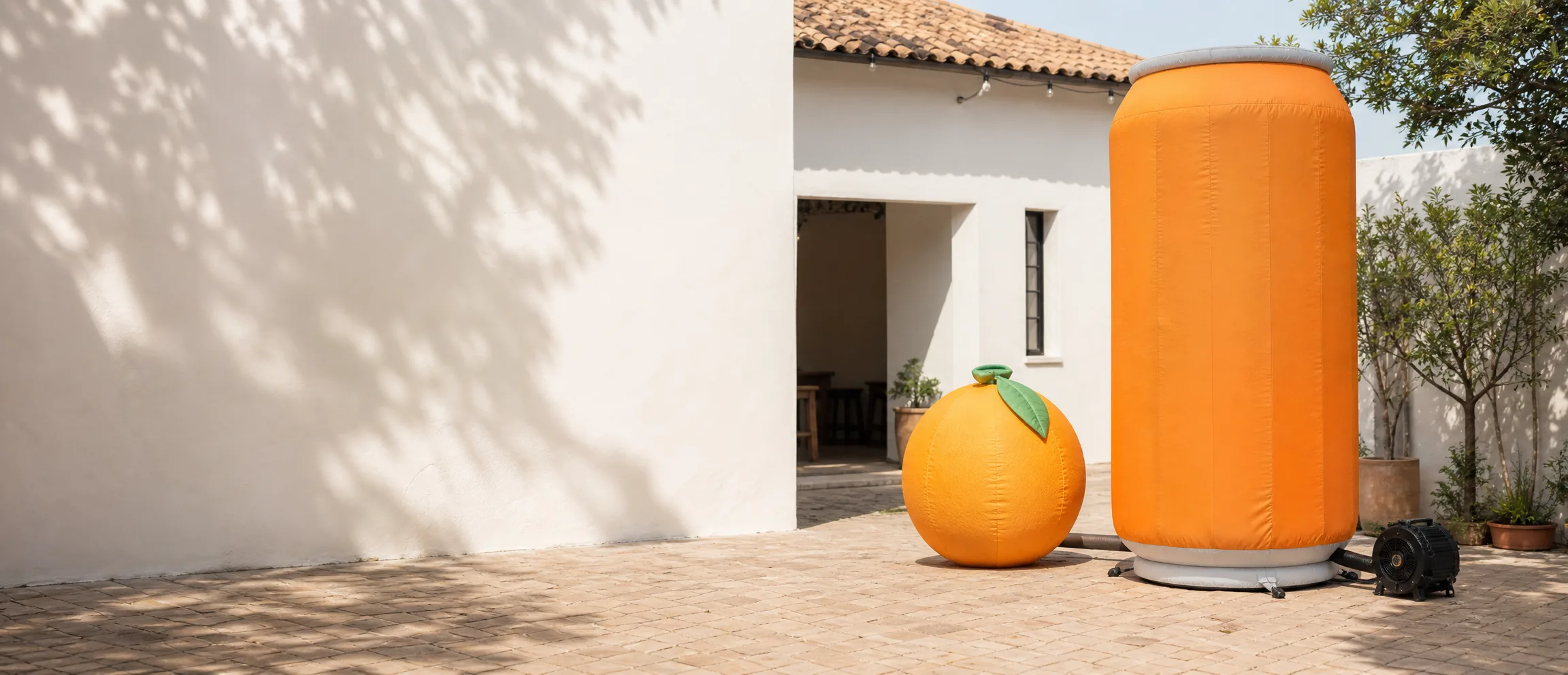 Large orange soda can inflatable replica in a sunny retail courtyard